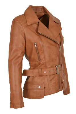 Womens Biker Jacket TAN Leather Slim Fit Cut Fashion Designer Hip Length  Coat UK