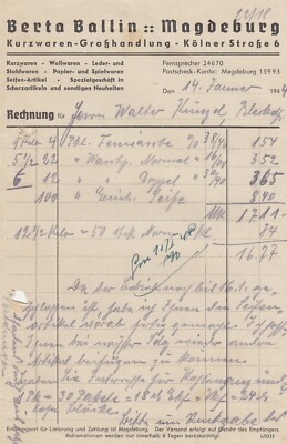MAGDEBURG, Rechnung 1944, Berta Ballin Kurzwaren-Grosshandlung
