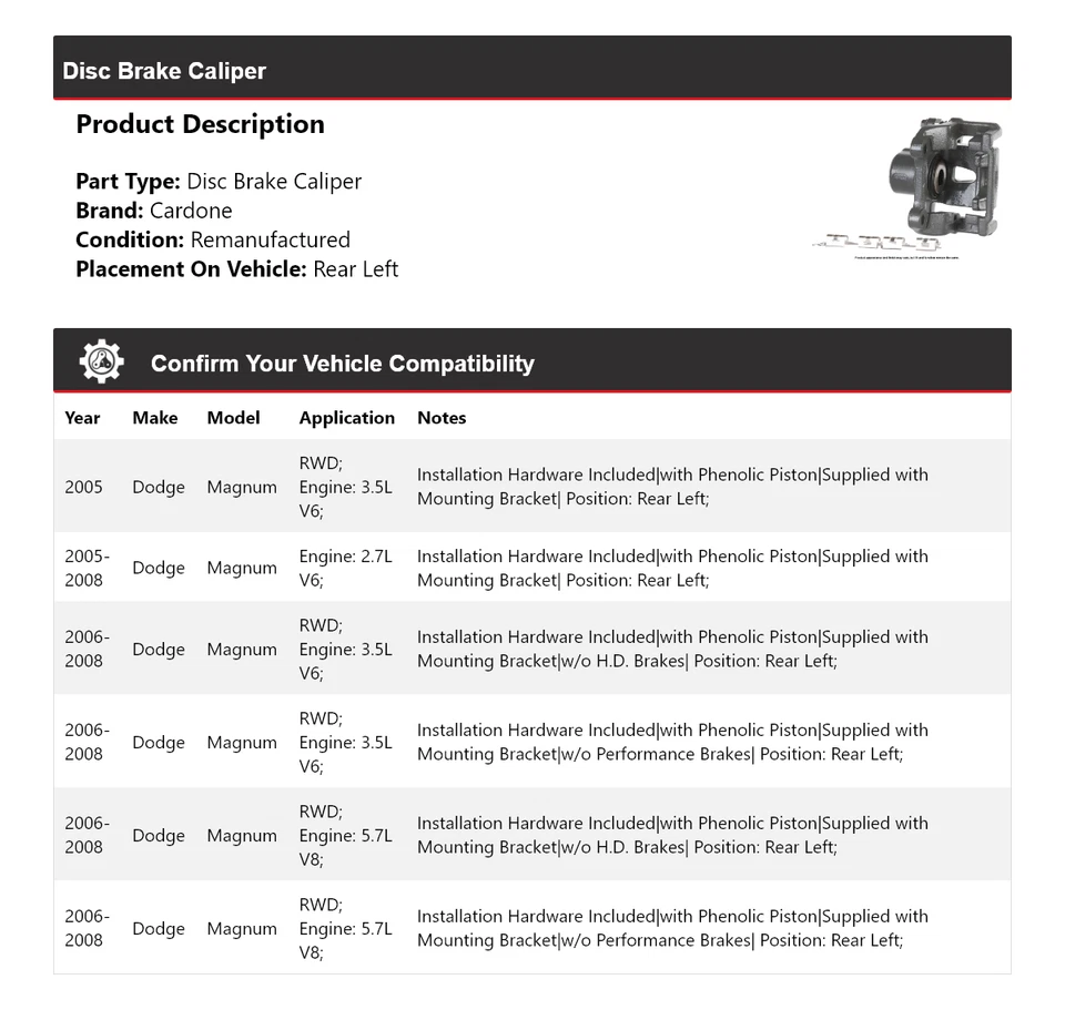 Pinza de freno de disco trasera izquierda Cardone 2006 2007 para Dodge Magnum 2005-2008 Foto 2 de 4