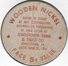 1961, Jonestown Pennsylvania Bicentennial, 5¢ Trade Token, RED Wooden Nickel