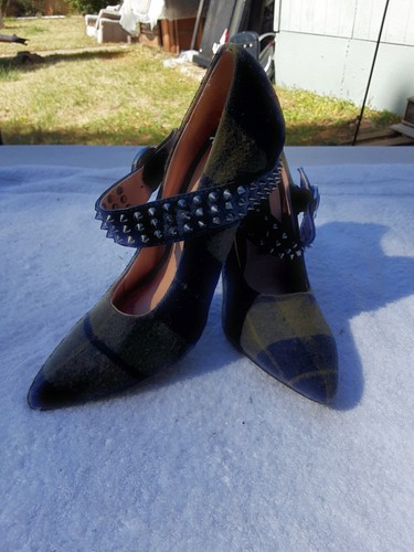 Scene Weaver Claudine Heels Green Black Tartan Plaid Spiked Sz 7 Super Cute