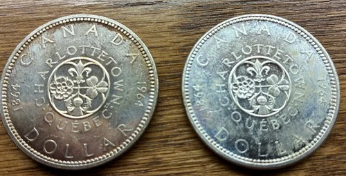 Canada 1964 Silver Dollars, 2 Pc Lot. .800 Fine Silver