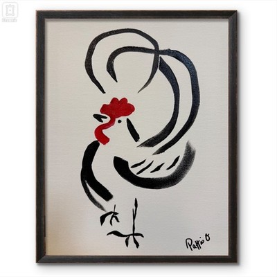 Hand Painted 11x14 Rooster Acrylic Art Black White Dining Room Home Decor Signed