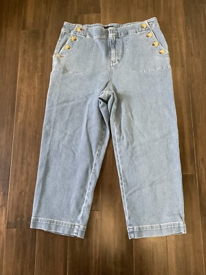 Talbots Sailor Jeans Wide Leg Size 16 Blue Denim Button Stretch (FLAW) 