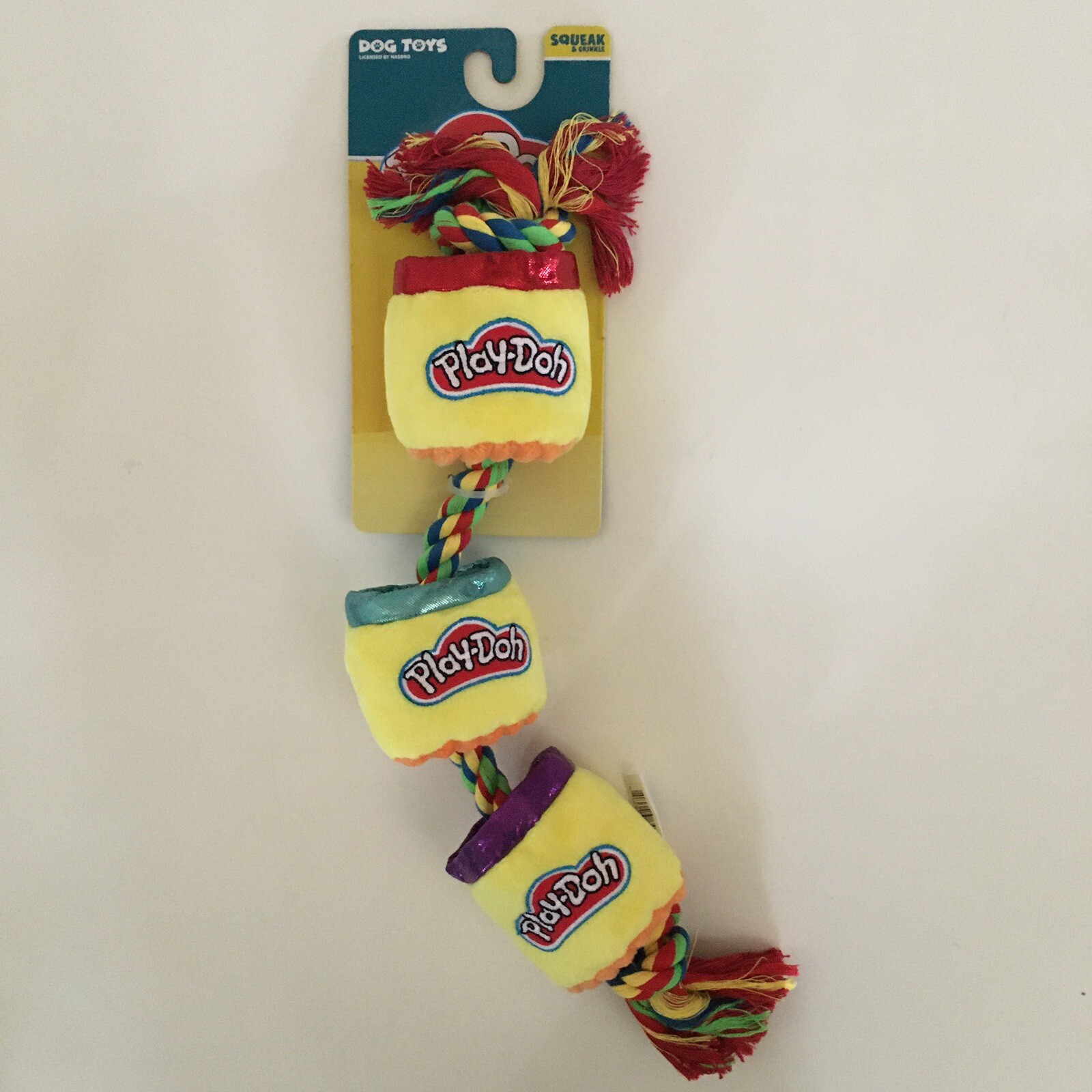 NEW Dog Toy Soft Plush Squeakers Play-Doh on Tug Rope Squeak