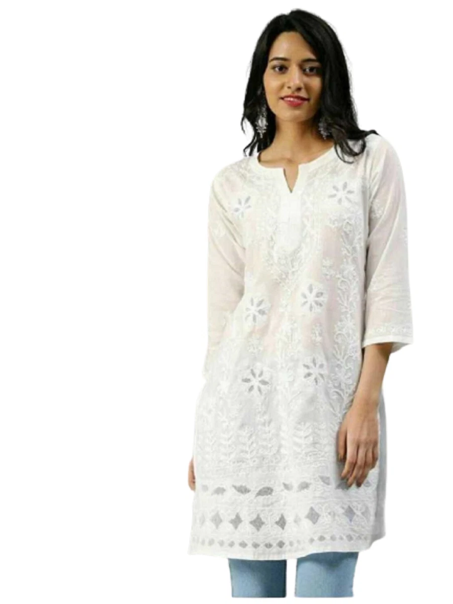 Kurtas & Kurtis : White cotton embroidered kurti with ...