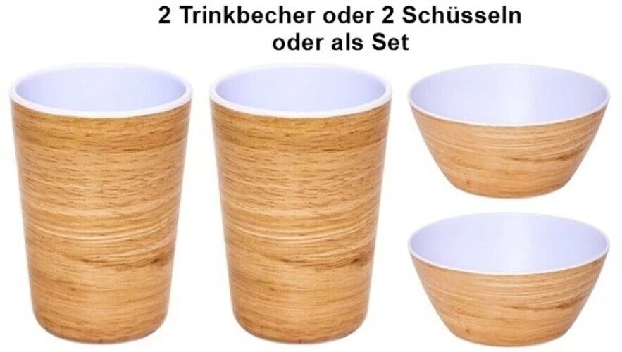 2 Stück Melamin Trinkglas Schale Holzoptik für Camping Outdoor