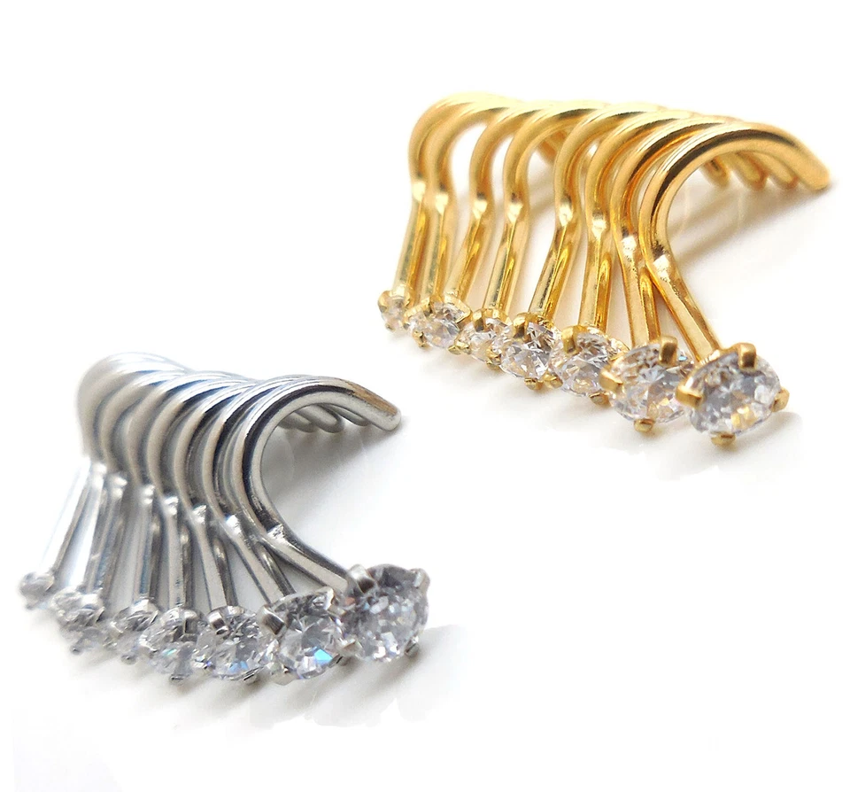 Par de tornillos de nariz tono dorado 18G 20G anillos anillo acero inoxidable transparente circonita cúbica 1,5-3 mm perno NUEVO Foto 2 de 4