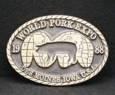 WB09143 *NOS* VINTAGE 1988 **IOWA WORLD PORK EXPO** SOLID BRONZE BELT BUCKLE