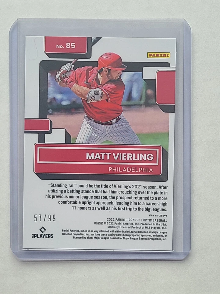 2022 Panini Donruss Optic Matt Vierling Purple Pandora Prizm RC /99 - Image 2 of 2