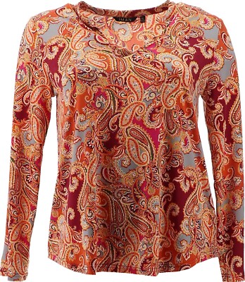 IMAN Global Chic Roll-Tab Utility Top BURGUNDY PAISLEY M NWOT (735)