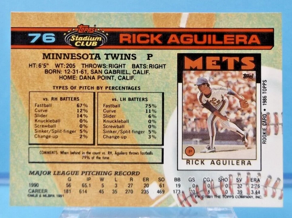 1991 Topps Stadium Club #76 - Rick Aguilera - Minnesota Twins - Near Mint - Image 2 of 2