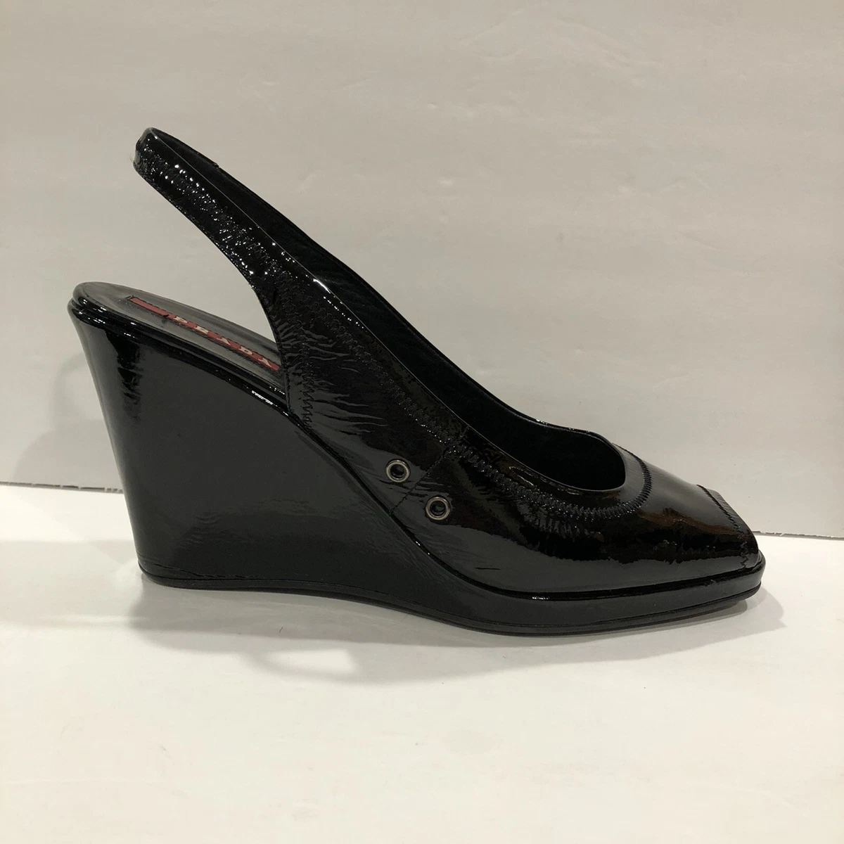 Prada Sport Open Toe Heels Wedge Sandals Pumps Slingbacks Black 38.5 8.5