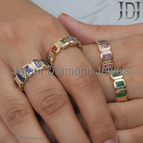 Solid 14k Yellow Gold Band Ring Natural Emerald Gemstone Eternity Ring Jewelry - Picture 24 of 24