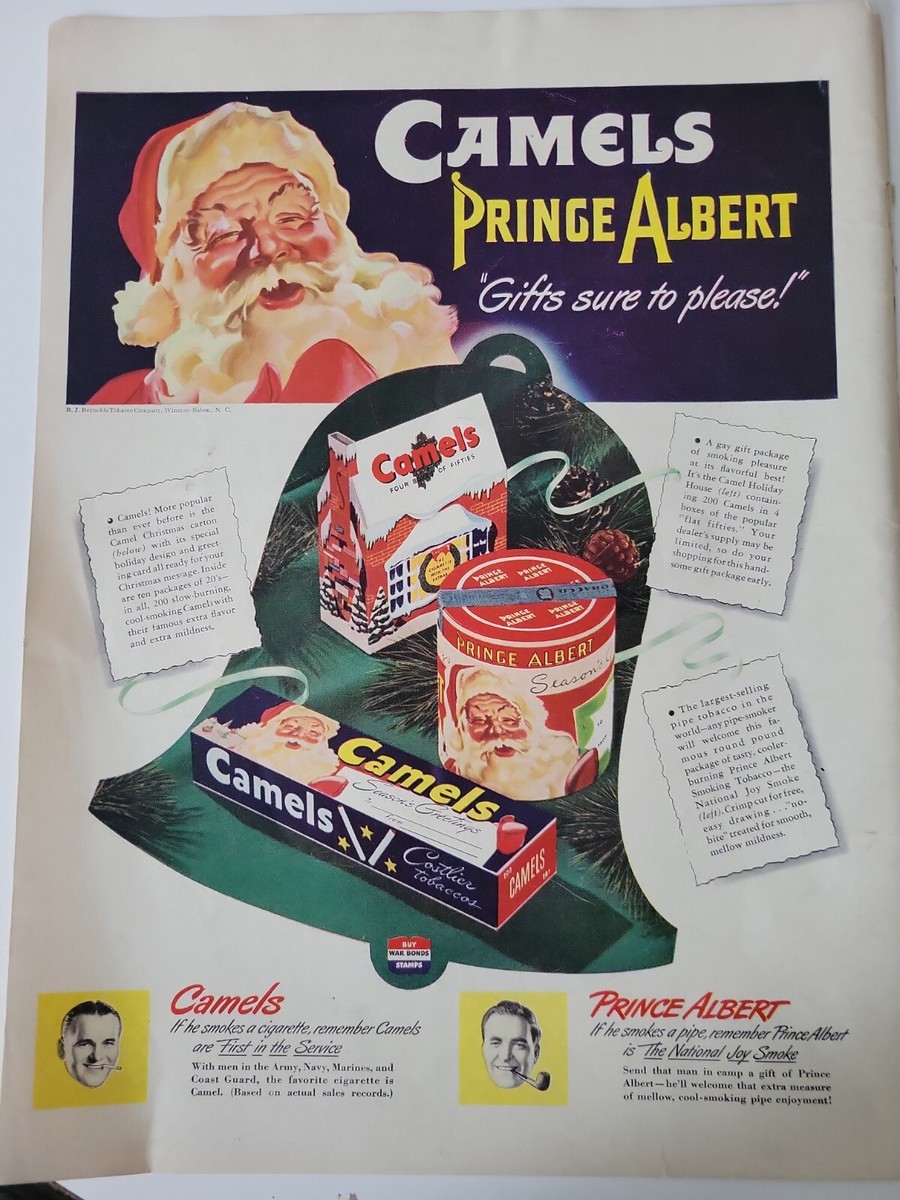 coke can nativity with camel cigarettes 1943 Camel cigarettes Prince Albert tobacco jolly Santa Claus Christmas ad