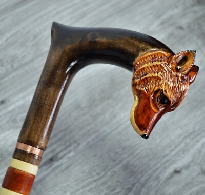 Cane Walking Stick Wooden carved Handmade - Fox New