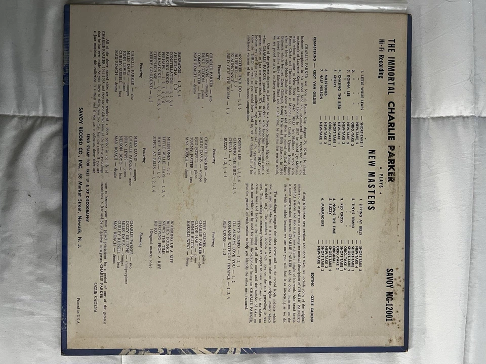 CHARLIE PARKER ~ The Immortal Savoy CLASSIC 1950s LP MG 12001 ~ JAZZ ~ RED CROSS - Image 2 of 4