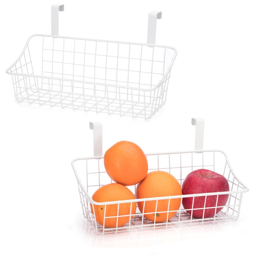 Grid Storage Basket White With Hook Hanging Over Cabinet Door Rail Organizer