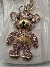 Crystal Cute Teddy Bear Bag Charm Key Chain-Yellow Gold Tone-Pink
