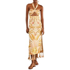 Farm Rio Jungle Chic Cutout Halter Midi Dress Tassel Hem NWT L