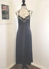 Vintage Val Mode Backless Nylon Black Gown Lace Trim Slip Dress Large