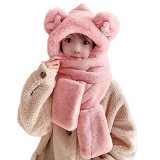 Kid Animal Hooded Hat 3 in 1 Furry Earflap Cap Scarf Mittens One Size, Pink