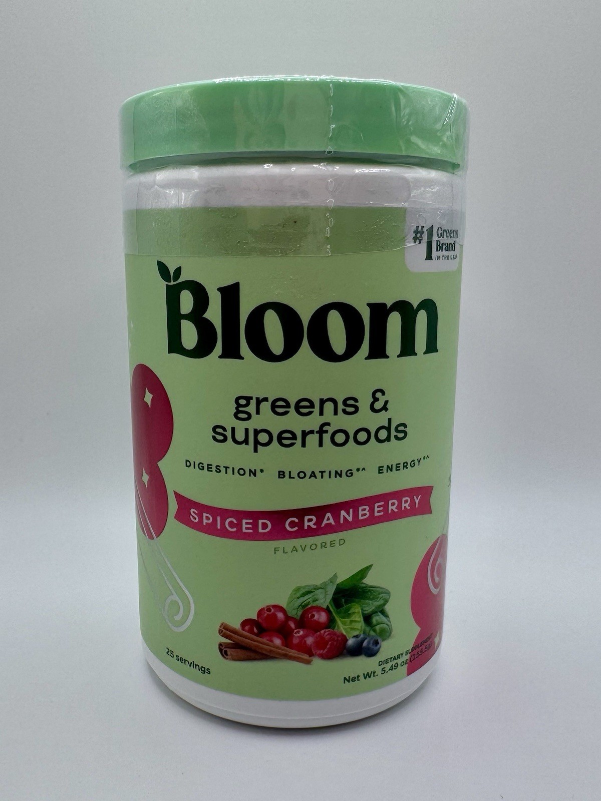 BLOOM NUTRITION Greens Superfood Powder for Digestion Energy Spiced Cranberry Flavor