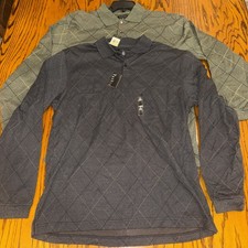 2 NWT Van Heusen Men's Long Sleeve Polo Shirts, Size M, Diamond Jacquard
