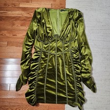 Pretty Little Thing Ruched Velour Dress Green 16 Long Sleeve Mini Coquette Party