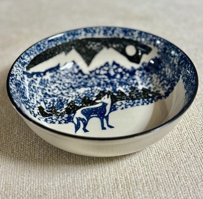 Vintage Folk Craft Wolf Cereal Bowl By Tienshen Mountains Wolf Howling Moon Blue