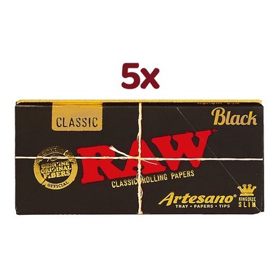 RAW Black Artesano King Size Slim Papers, 5 Hefte à 32 Blatt + 32 Tips inkl.