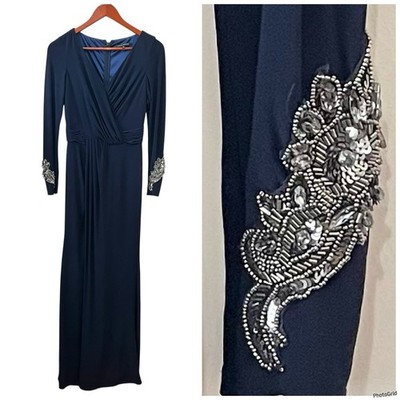 David Meister Long Sleeve V Neck Sequin Beaded Embellished Dress Gown Navy 2
