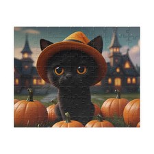Black Cat in Witch's Hat Puzzle 110pcs, Halloween Puzzle for Adults, Puzzle Gift