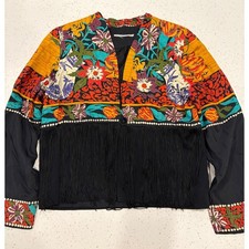 Vintage Floral Leopard Fringe Blazer Jacket Multi-Color Rayon Size 10 USA Made