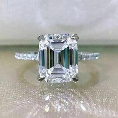 3CT Emerald-Cut Lab Created Solitaire Engagement Ring 14K White Gold Plated