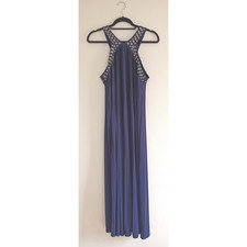 Michael Kors Womens Navy Blue Pleated Maxi Dress Gold Studded Halter Neck Size M