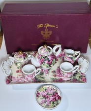 The Queen's Treasures 10 PC Miniature Doll Porcelain Tea Set ROSES w/Case HTF