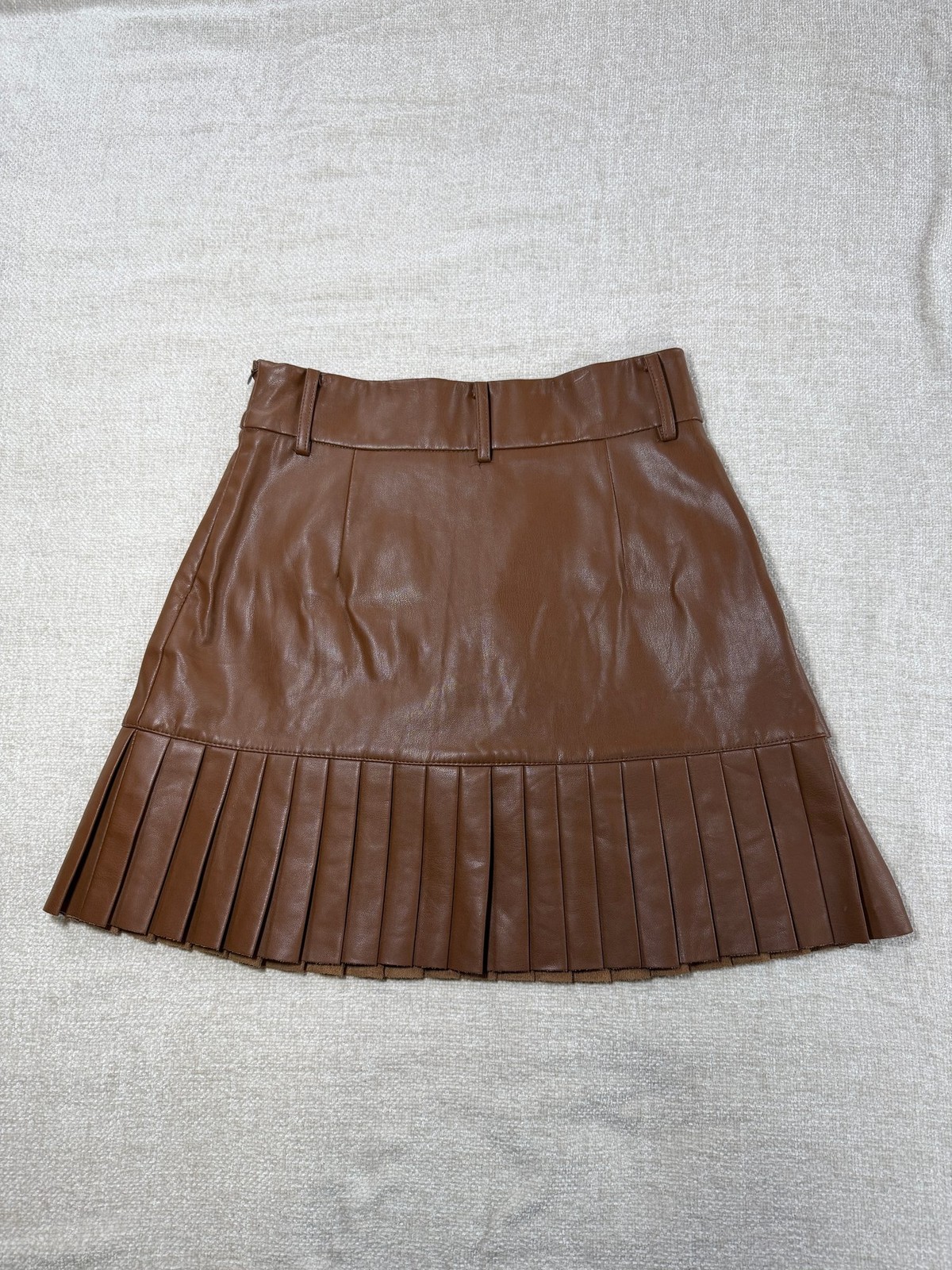 Zara Faux Leather Pleated Mini Skirt Womens S Brown Cognac Tiered High Waist Zip