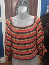 Ranna Hill Striped Smocked Top In Red, Mustard, Blue, Size S, NWT