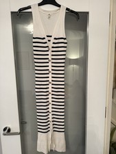 BNWOT River Island White & Black Stripe Knit Ribbed MIDI Dress Faux Gold Buttons