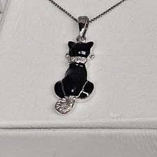 Sterling Silver 925 Cat Pendant Necklace 18in Black Enamel CZ Accents Box Chain