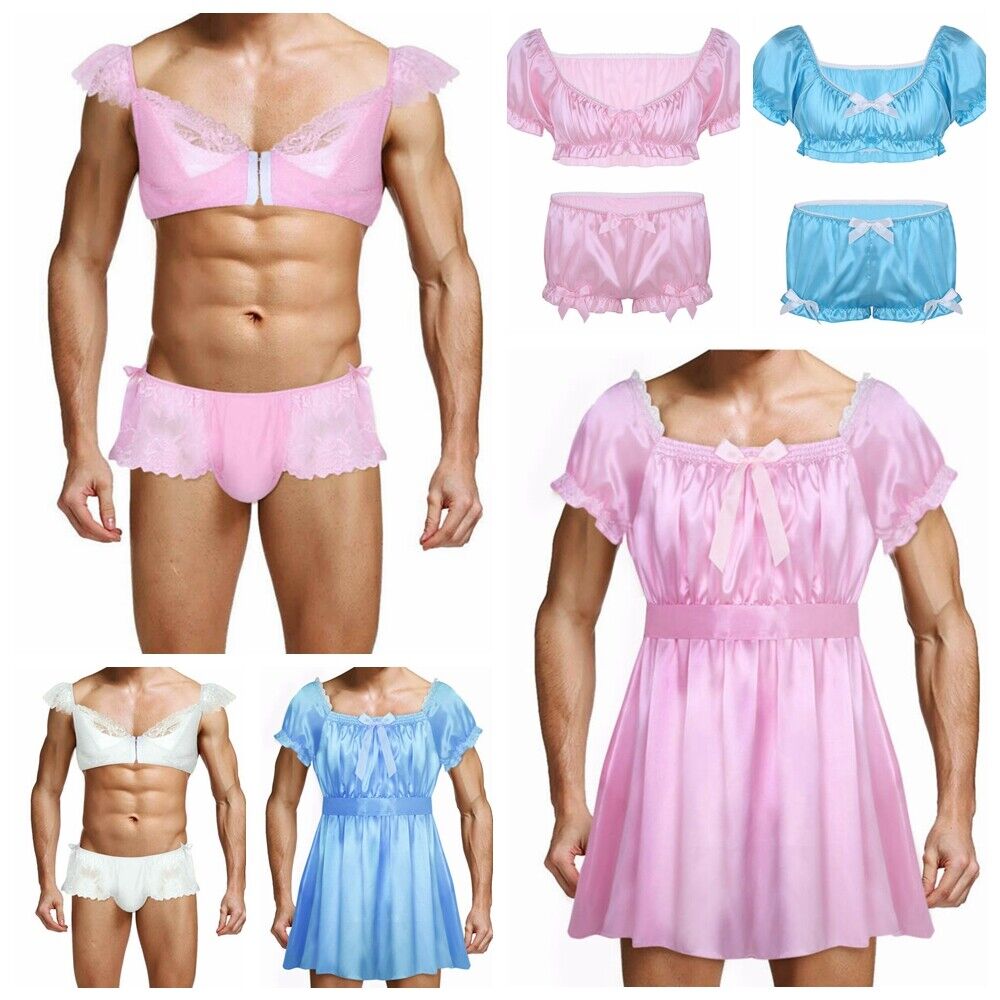 Sissy Sexy Men Satin Frilly Crossdressing Dress Lingerie Set Nightwear Underwear