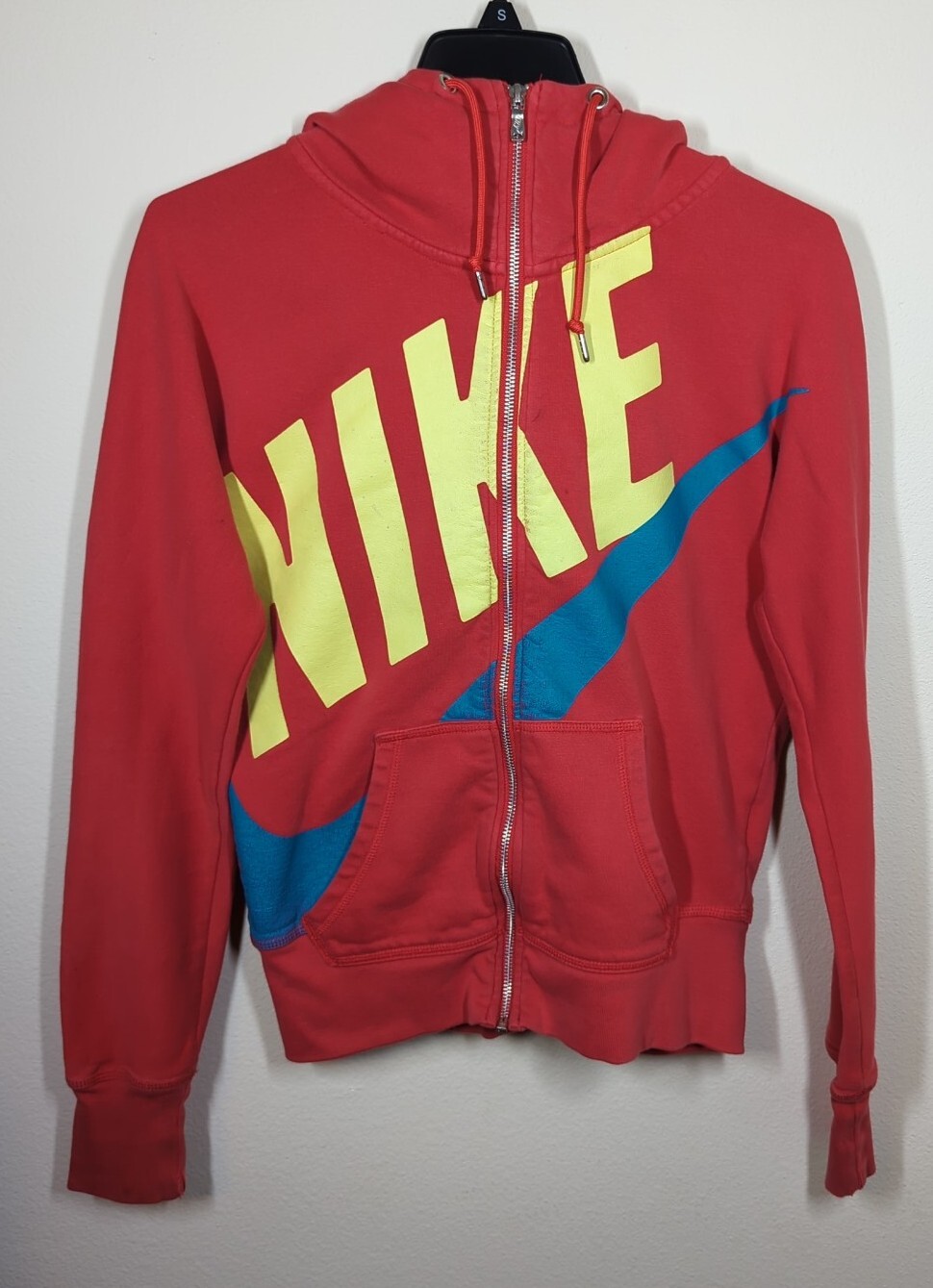 Vtg Nike Sweatshirt Womens Small Red Yellow Full Zip Hoodie Spell Out Big  Swoosh | eBay