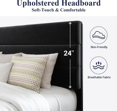 King Size Platform Bed Frame with Velvet Headboard Black KMLL003 - Foto 1 di 4