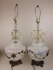 Pair Accurate Casting Falkenstein 3 Way Art Glass Lamp Vtg MCM Opal Gold Floral