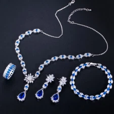 Top Blue CZ Jewelry Leaf Flower Dangle Drop Necklace Earrings Bracelet Ring Set