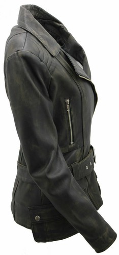 Ladies Casual Vintage Black Long Feminine Nappa Leather Biker Jacket - Picture 6 of 8