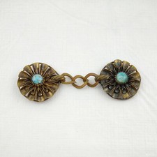 Antique Art Nouveau Brass Cape Clasp Buckle Blue Variegated Stones Floral Motif