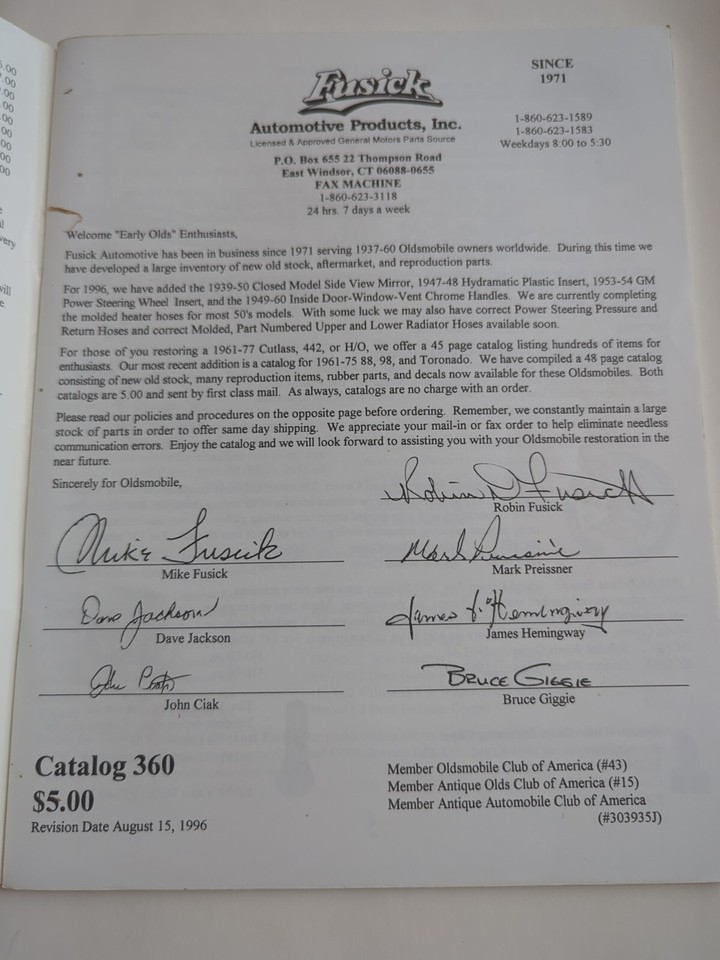 Oldsmobile Parts Catalog No. 360 Fusick Automotive Products 19351977