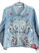 Floral Embroidered Denim Jacket Women Xl Light Blue Flowers Boho Long Sleeve